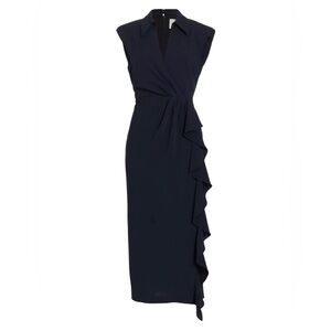 NWOT Cinq à Sept Tori Navy Crepe Wrap Effect Midi Dress with Ruffle Detail